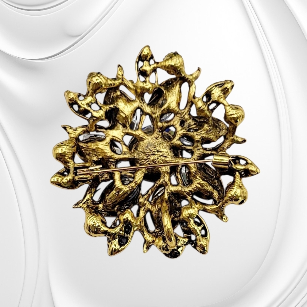 Gold Tone Royal Blue Crystal Floral Brooch New - Picture 3 of 4
